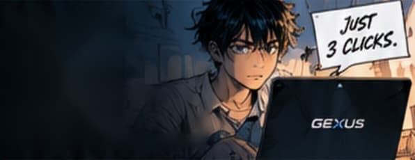 A confident maker at his GEXUS laptop with a speech bubble reading Just 3 clicks