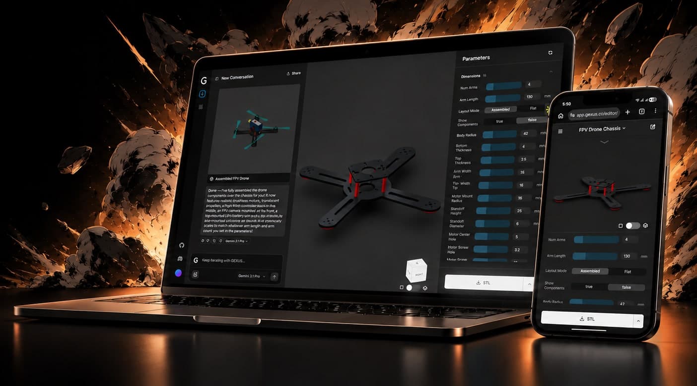 The GEXUS AI CAD app on a laptop and phone, designing a parametric FPV drone chassis with adjustable dimensions and one-click STL export