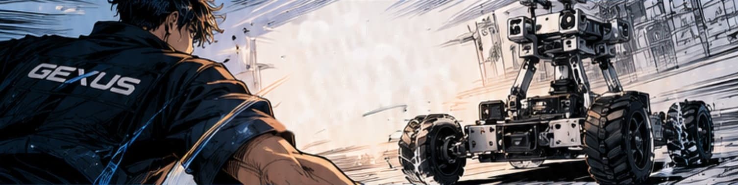 A GEXUS builder watching a finished robot rover drive toward him