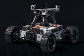 A four-wheeled robot rover assembled from custom parts