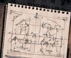 A spiral notebook covered in rough part sketches