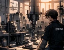 A machinist working in a crowded fabrication shop